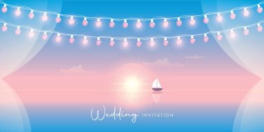düğün davetiyesi deniz manzaralı yelkenli yat ve peri ışığı vektör illüstrasyonu EPS10