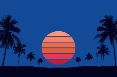 Tropikal palmiye ağacı siluetinde güzel bir günbatımı arka plan vektörü illüstrasyonu EPS10