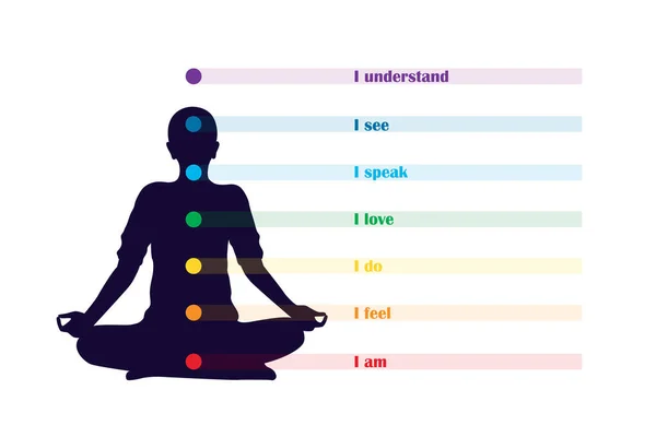 Meditating Person Silhouette Chakra Description Vector Illustration Eps10 — Stock Vector