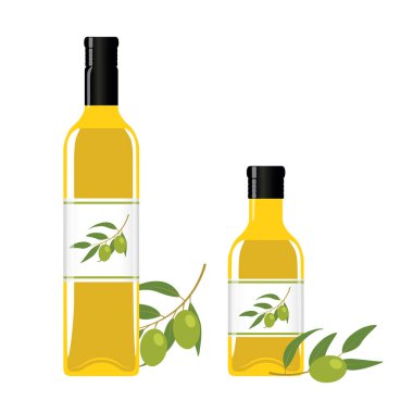 Beyaz vektör illüstrasyonunda izole edilmiş zeytinyağlı büyük ve küçük cam şişe EPS10