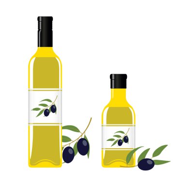Beyaz vektör illüstrasyonunda izole edilmiş zeytinyağlı büyük ve küçük cam şişe EPS10