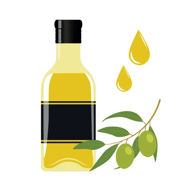 Olive Oil Glass Bottle Olive Shrub Isolated White Vector Illustration — Stock Vector