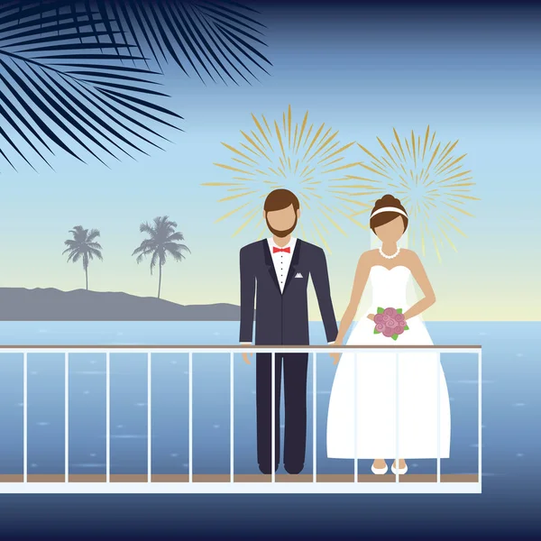 Coppia Sposata Sul Ponte Sul Mare Romantica Vacanza Estiva Disegno — Vettoriale Stock