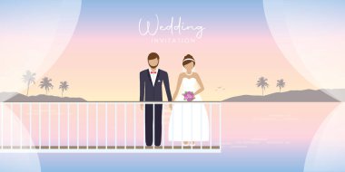 Deniz kenarındaki köprüde evli bir çift. Romantik yaz tatili tasarım vektörü illüstrasyonu EPS10