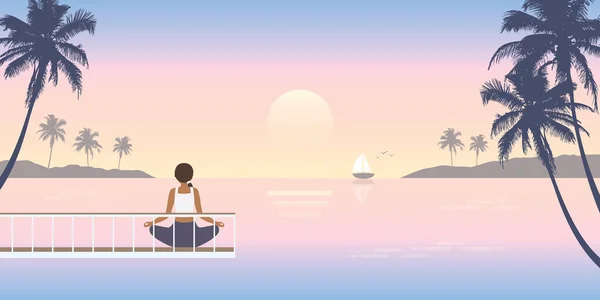 Yoga Chica Puente Por Mar Romántico Vacaciones Diseño Vector Ilustración — Vector de stock