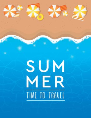 Yaz tatili şemsiyeli yüzme yüzme yüzüğü ve flop vektör illüstrasyonu EPS10 ile turist plajında