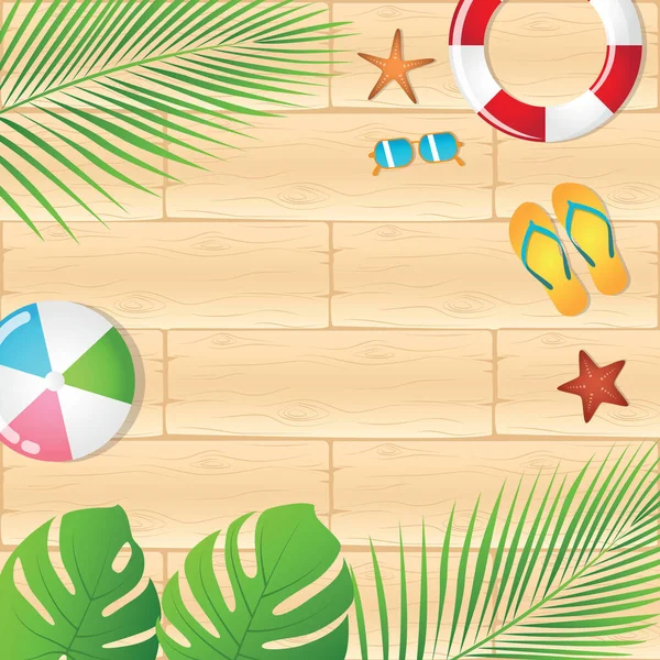 Sommerurlaub Design Palmblätter Auf Hölzernem Hintergrund Mit Verschiedenen Utensilien Vektor — Stockvektor