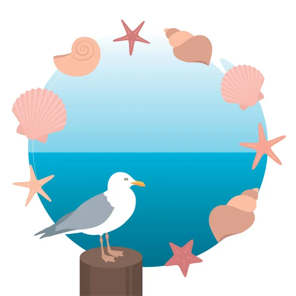 Happy Summer Holiday Design Sea Gull Shell Anchor Vector Illustration — Stockvector