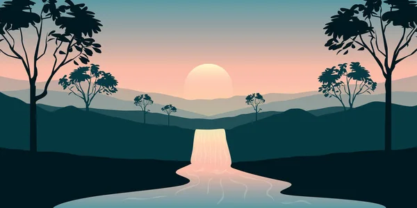 beautiful jungle landscape waterfall river and mountain view at sunset vector illustration EPS10