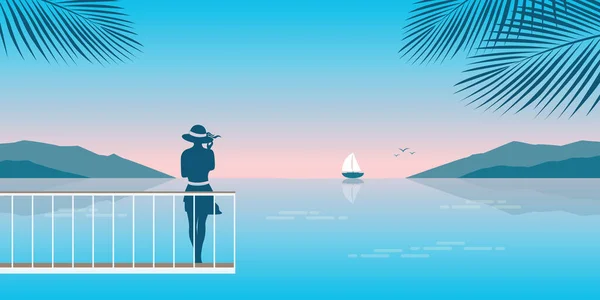 Young Woman Bridge Looks Sea Summer Holiday Background Vector Illustration — Vettoriale Stock