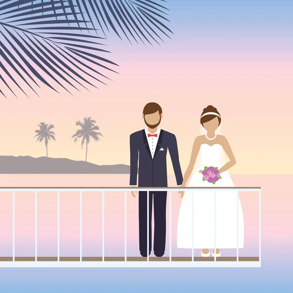 Pareja Casada Puente Por Mar Romántico Verano Vacaciones Diseño Vector — Archivo Imágenes Vectoriales