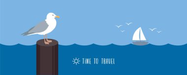 martı ve yat yelkenlisi deniz tasarımı vektör illüstrasyonu EPS10