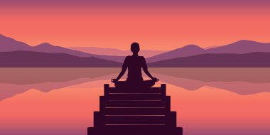 Güzel göl ve dağ sonbahar manzara arka plan vektörü Eps10 'da meditasyon silueti