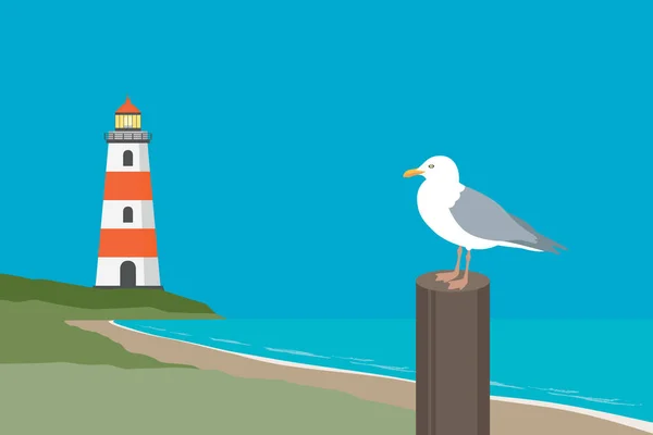 Vuurtoren Meeuw Aan Zee Bij Strand Zomer Vakantie Design Vector — Stockvector