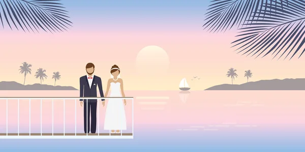 海のロマンチックな夏の休日のデザインベクトル図Eps10によって橋の上に夫婦 — ストックベクタ