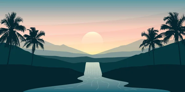 Tropical Waterfall Landscape Palm Tree River Mountain View Sunset Vector — ストックベクタ