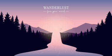 Şelale nehri dağlarda güzel günbatımı manzara vektörü illüstrasyonu EPS10