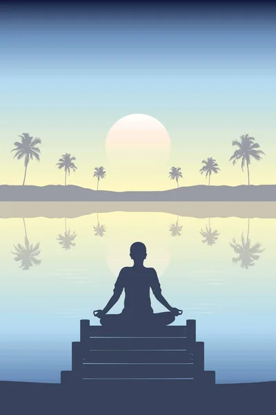 Mediating Person Silhouette Bridge Lake Tropical Palm Landscape Vector Illustration — Stockový vektor