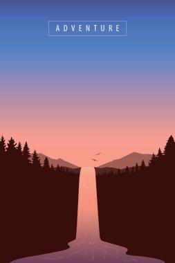 Şelale nehri dağlarda güzel günbatımı manzara vektörü illüstrasyonu EPS10