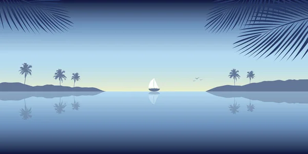Sail Boat Yacht Tropical Sea Palm Trees Vector Illustration Eps10 — стоковый вектор