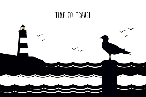 Sea Gull Silhouette Lighthouse Seascape Night Vector Illustration Eps10 — Vector de stock