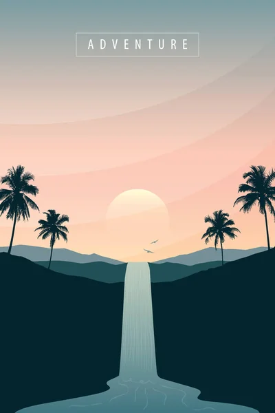 Tropical Waterfall Landscape Palm Tree River Mountain View Sunset Vector — Vector de stock