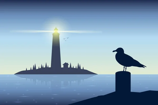 Sea Gull Silhouette Lighthouse Seascape Night Vector Illustration Eps10 — Vetor de Stock