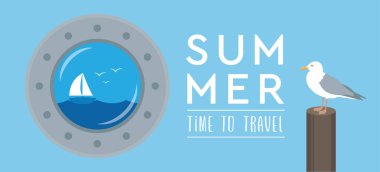 time to travel porthole with tropical seascape viewand gull marine summer holiday design vector illustration EPS10