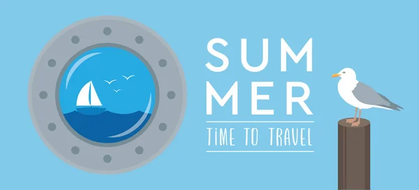 Time Travel Porthole Tropical Seascape Viewand Gull Marine Summer Holiday — стоковый вектор