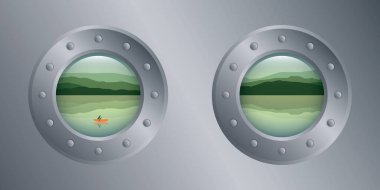 porthole with kayak lake and green mountain view vector illustration EPS10