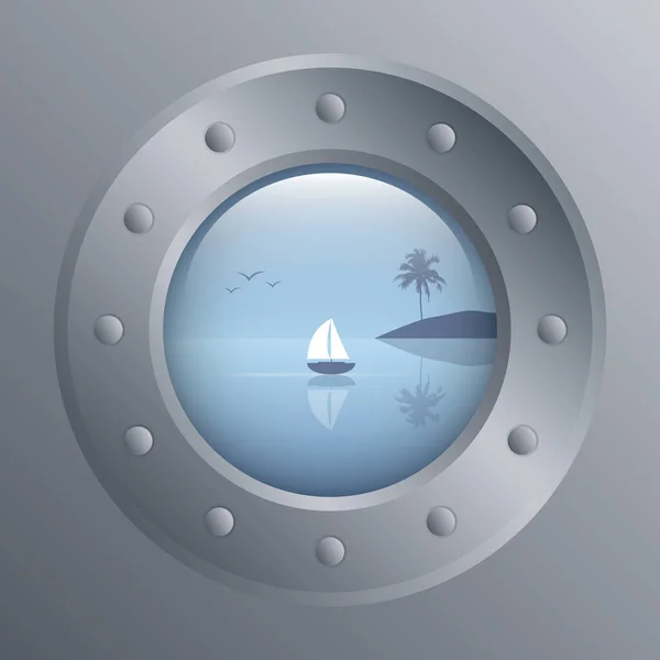 Porthole Tropical Seascape View Marine Summer Holiday Design Vector Illustration — Stockvector