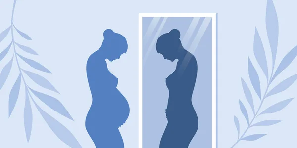 Femme Enceinte Voit Wihtout Ventre Bébé Dans Miroir Vecteur Illustration — Image vectorielle