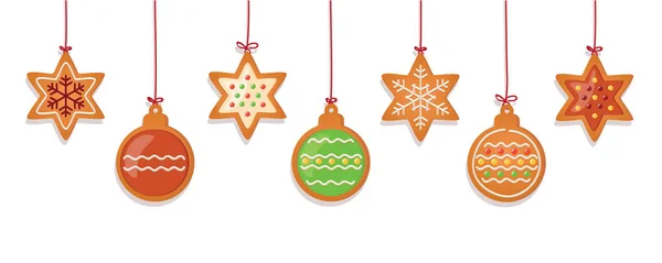 Christmas Card Hanging Gingerbread Cookies Decoration Blue Background Vector Illustration — Stok Vektör