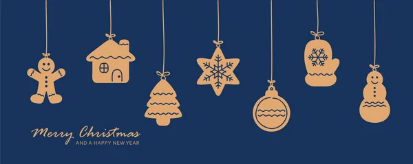 Christmas Card Hanging Gingerbread Cookies Decoration Blue Background Vector Illustration —  Vetores de Stock