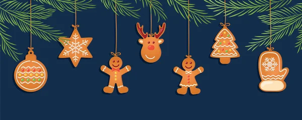 Karácsonyi Kártya Lógó Mézeskalács Cookie Dekoráció Fenyő Ágak Vektor Illusztráció — Stock Vector