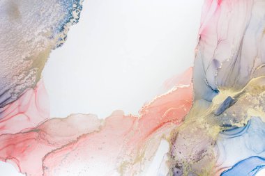 Alkol mürekkebi tekniğinde soyut akışkan resim, mavi, kırmızı ve altın rengi boya karışımı. Altın damarlar parlayan mermer taşlar. Yüksek çözünürlük Donmuş boya karışımları, inanılmaz desenler ve lekeler örüyor..