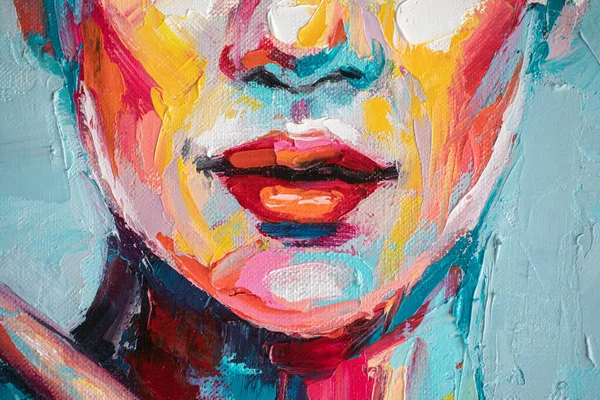 Abstract picture of a beautiful woman. Oil portrait girl hiding her face. Painting in multicolored tones. Conceptual closeup of an oil and palette knife on canvas.