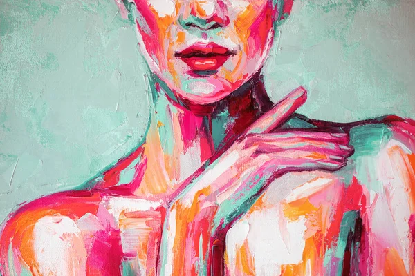 Fragment Oil Portrait Painting Multicolored Tones Abstract Picture Beautiful Girl — Stock Photo, Image