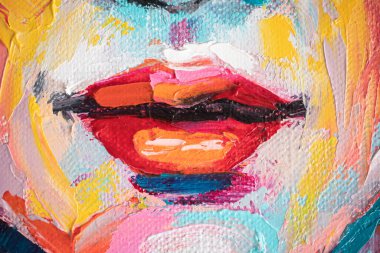 Yağ portresi çok renkli renklerde. Güzel bir kızın soyut resmi. Yağlı boya tablo ve palet bıçağının kavramsal yakın çekimi..