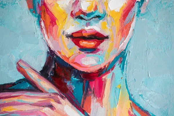 Oil portrait painting in multicolored tones. Abstract picture of a beautiful girl. Conceptual closeup of an oil painting and palette knife on canvas. — Stock Photo, Image