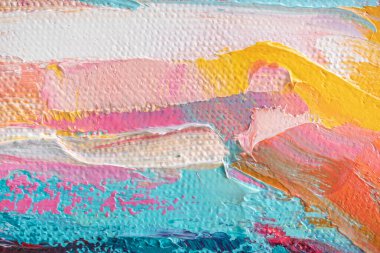 Arka plan akrilikle yazılmış. Renkli tonlarda boyamış. Yağlı boya ve palet bıçağıyla yapılmış bir resmin resmi..