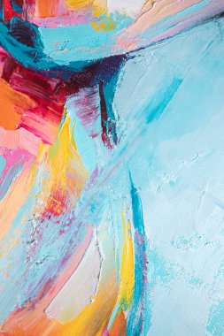 Arka plan akrilikle yazılmış. Renkli tonlarda boyamış. Yağlı boya ve palet bıçağıyla yapılmış bir resmin resmi..