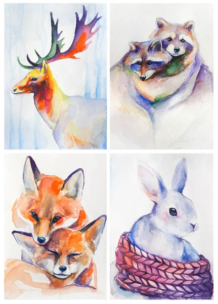 High Quality Photo Watercolor Illustration Set Cute Forest Animals Baby — Stock Photo, Image