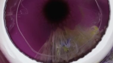 Alkol mürekkebi pembe ve beyaz olarak soyut sanatsal tasarım. Boşluğu pembeyle dolduruyorum. Petri kabındaki boyanın kimyasal reaksiyonunun makro bir videosu uçma illüzyonu yaratıyor. sıvı