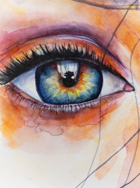 Suluboya kadın portresi. Gözün Handmad kavramsal resmi. Renkli renklerde boyama. Suluboya boya ve kağıt üzerindeki fırçanın kavramsal soyut yakın çekimi.