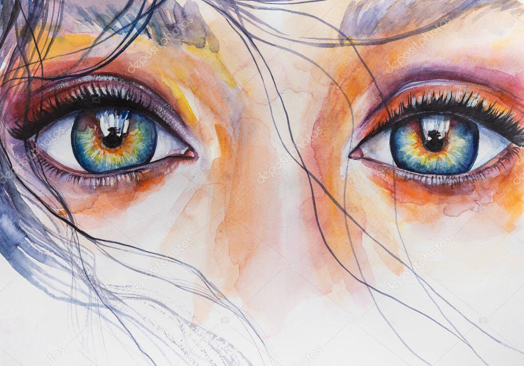 Watercolor female portrait painting. Handmad conceptual abstract picture of the eye. Painting in colorful colors. Conceptual abstract closeup of watercolor paint and brush on paper.