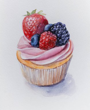 Suluboya pasta resmi. Pastanın Handmad kavramsal resmi. Renkli renklerde boyama. Suluboya boya ve kağıt üzerindeki fırçanın kavramsal soyut yakın çekimi.