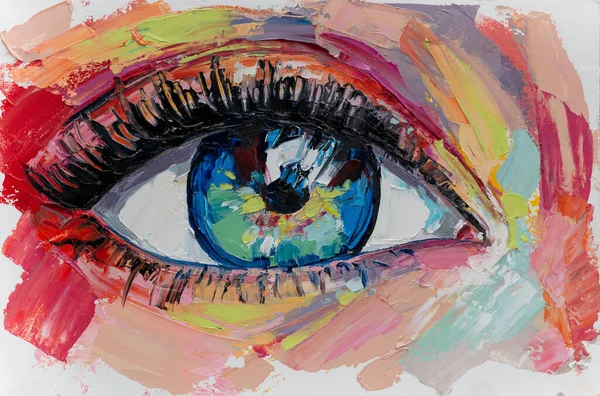 油画女性肖像画 手淫的概念抽象画的眼睛 用五彩缤纷的色彩绘画 油漆刷在画布上的概念抽象特写 — 图库照片