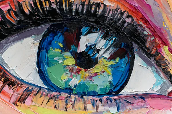 Oil female portrait painting. Handmad conceptual abstract picture of the eye. Painting in colorful colors. Conceptual abstract closeup of oil paint and brush on canvas.