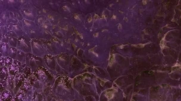 抽象的なグランジ流体芸術の背景 紫色の液体中の黄金の砂粒子の動き 光沢のある濃い紫色の川の流れ リップルと素晴らしい海の波 金の塵の飛行 — ストック動画